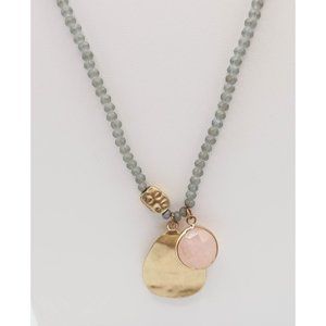 Sea Glass Faceted Bead & Pink Gold Tone Pendant Necklace 37.5" Unsigned